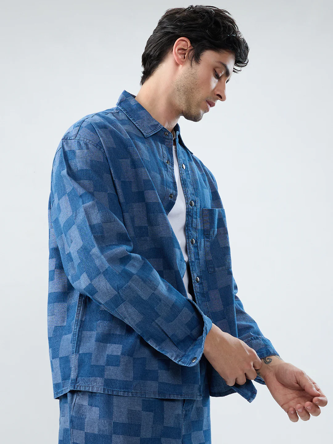 Elegant Denim Patch Block Checks Boxy Fit Crop Shirt - Image 6