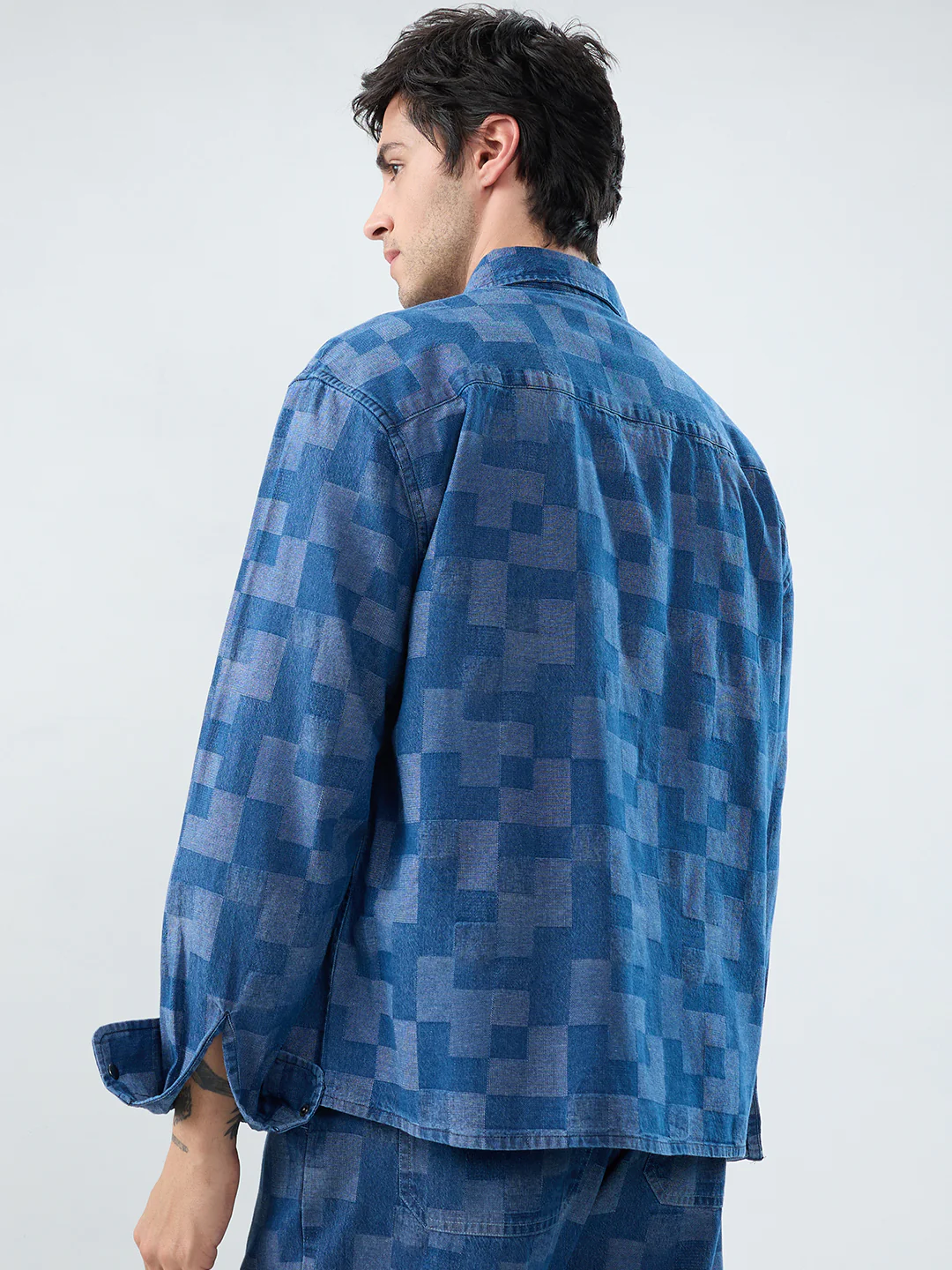 Elegant Denim Patch Block Checks Boxy Fit Crop Shirt - Image 7