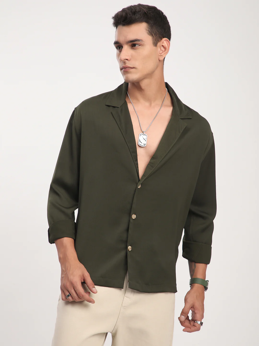 Elegant Green Crinkled Lapel Collar Oversized Shirt - Image 5