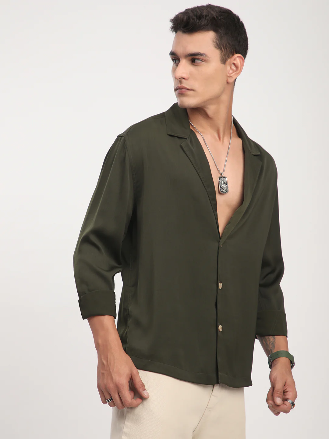 Elegant Green Crinkled Lapel Collar Oversized Shirt - Image 6