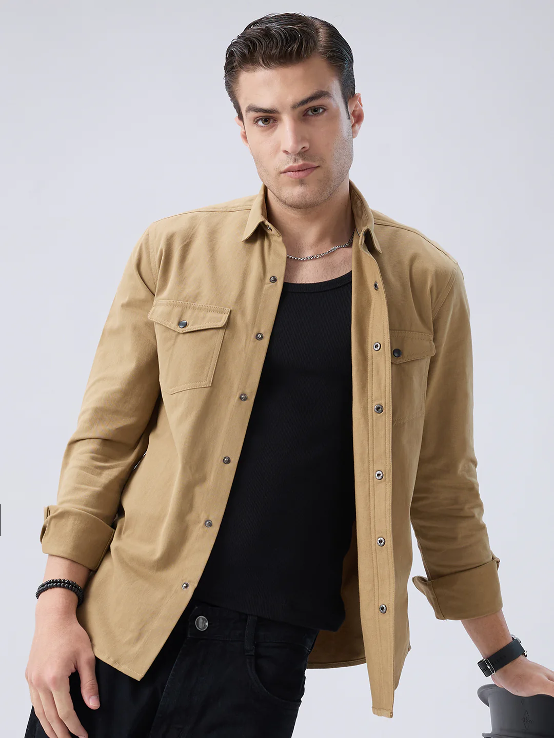 Elegant Khaki Voyager Twin Flap Pocket Overshirt - Image 4
