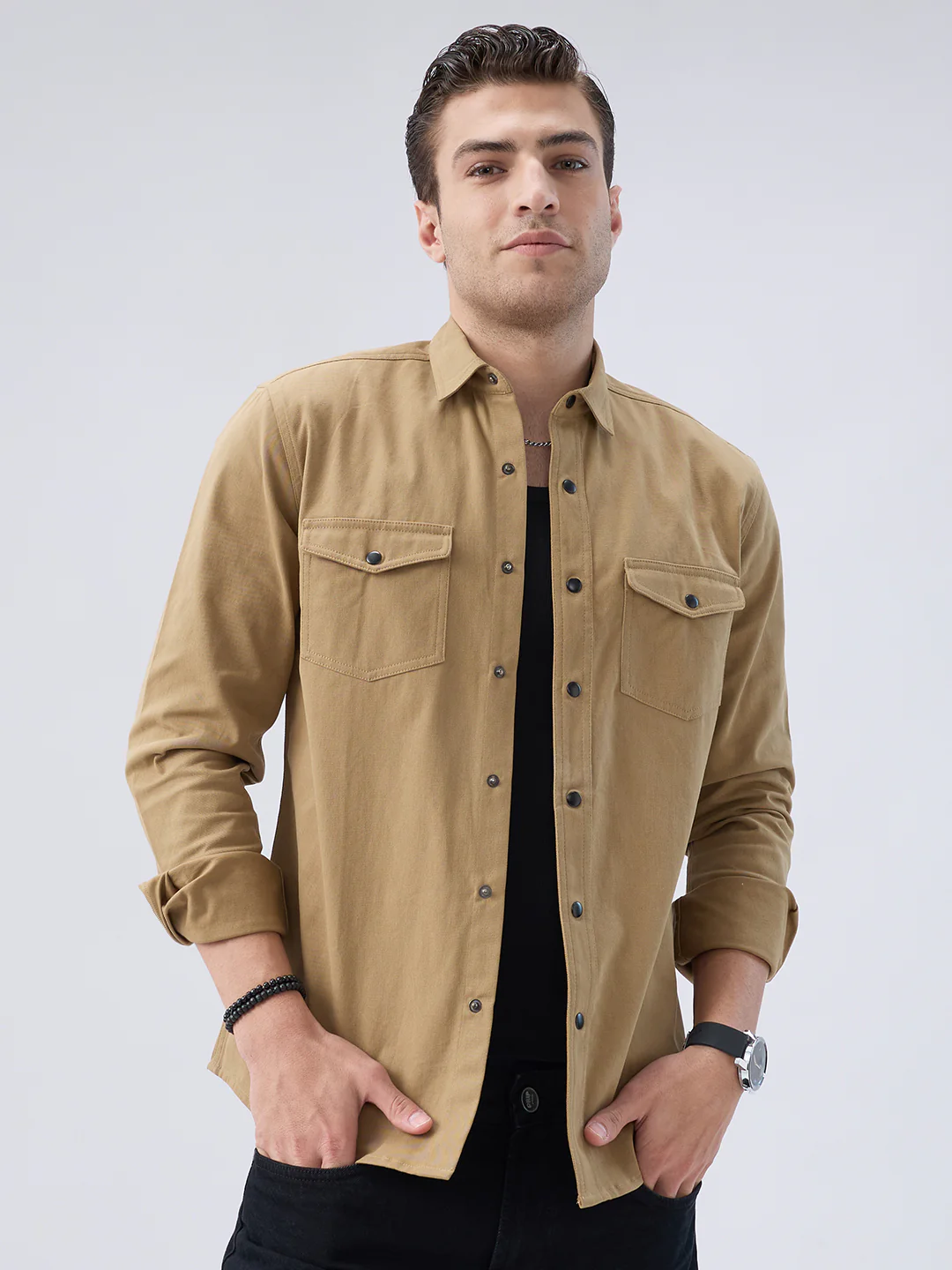 Elegant Khaki Voyager Twin Flap Pocket Overshirt - Image 5