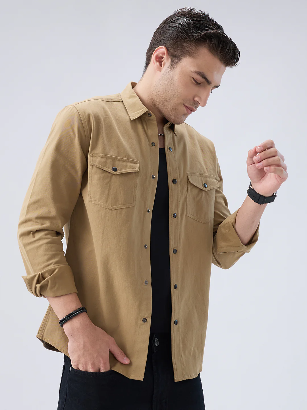 Elegant Khaki Voyager Twin Flap Pocket Overshirt - Image 6