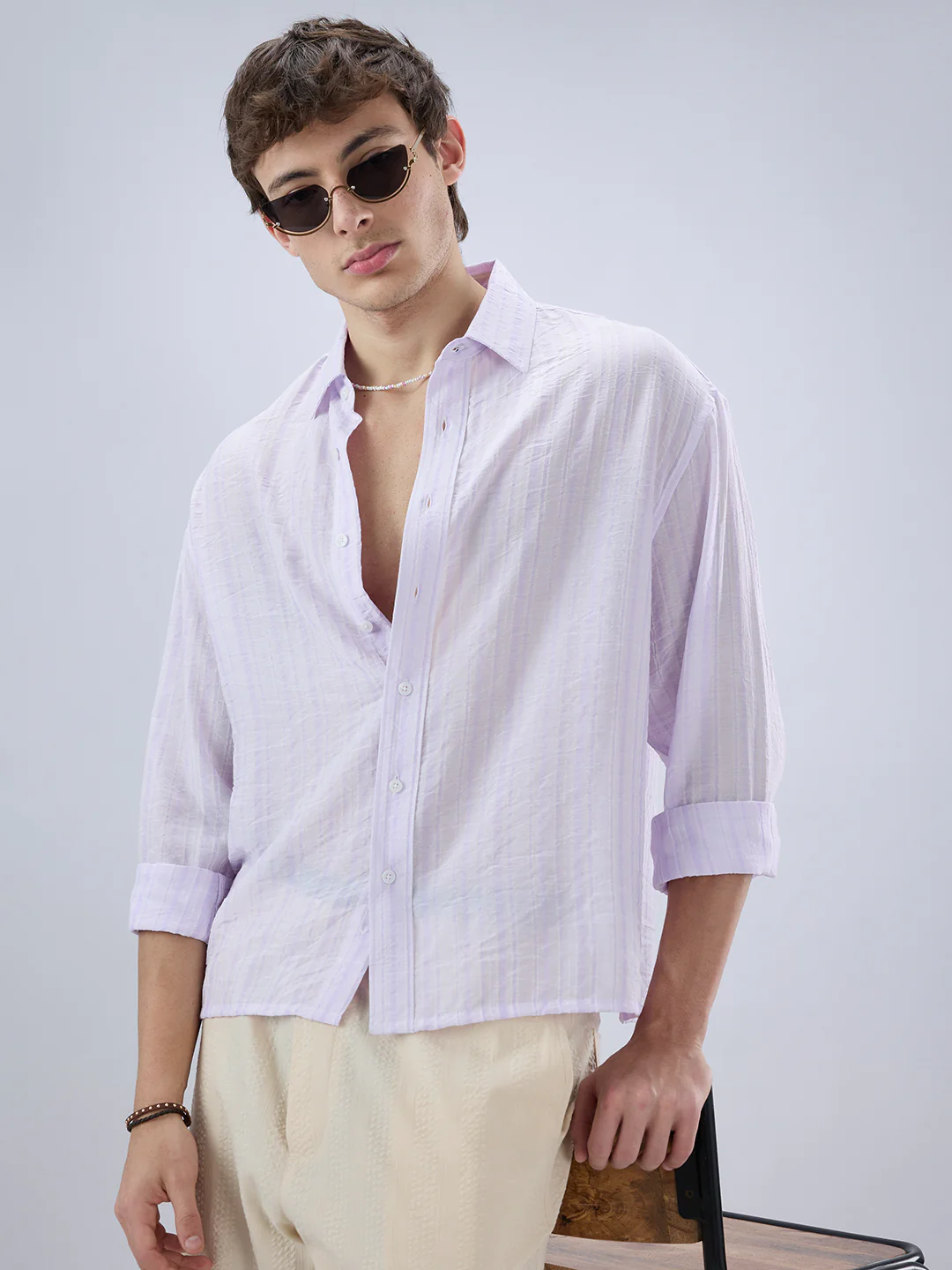 Elegant Lavender Airstripe Crinkled Boxy Fit Crop Shirt