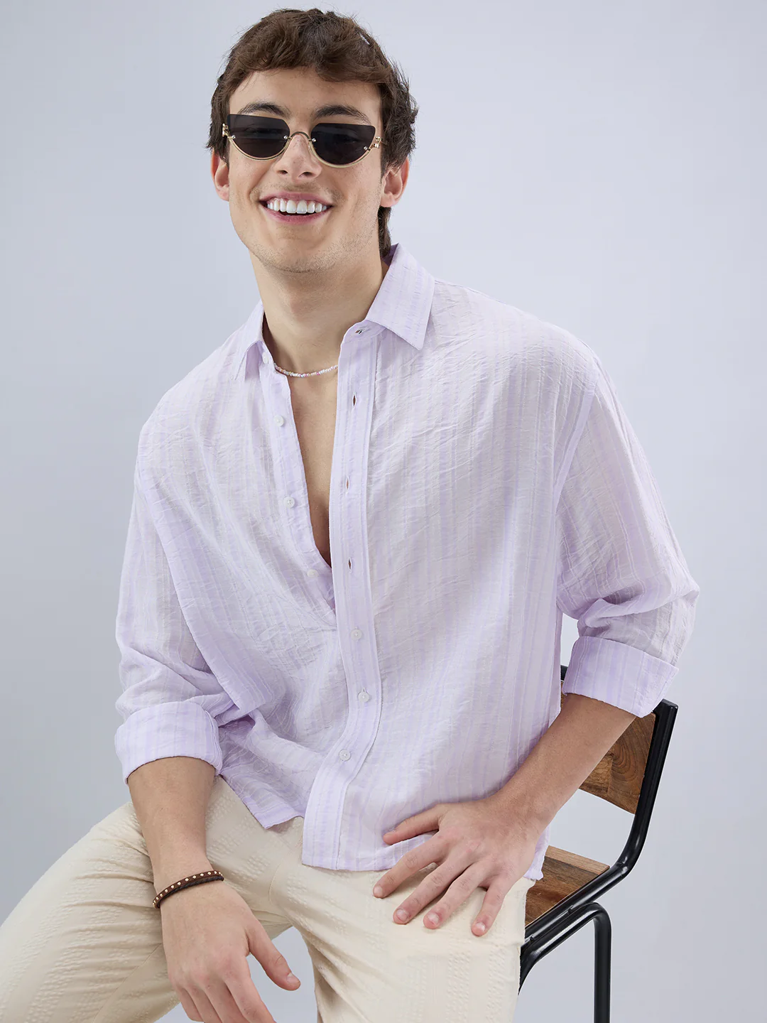 Elegant Lavender Airstripe Crinkled Boxy Fit Crop Shirt - Image 2