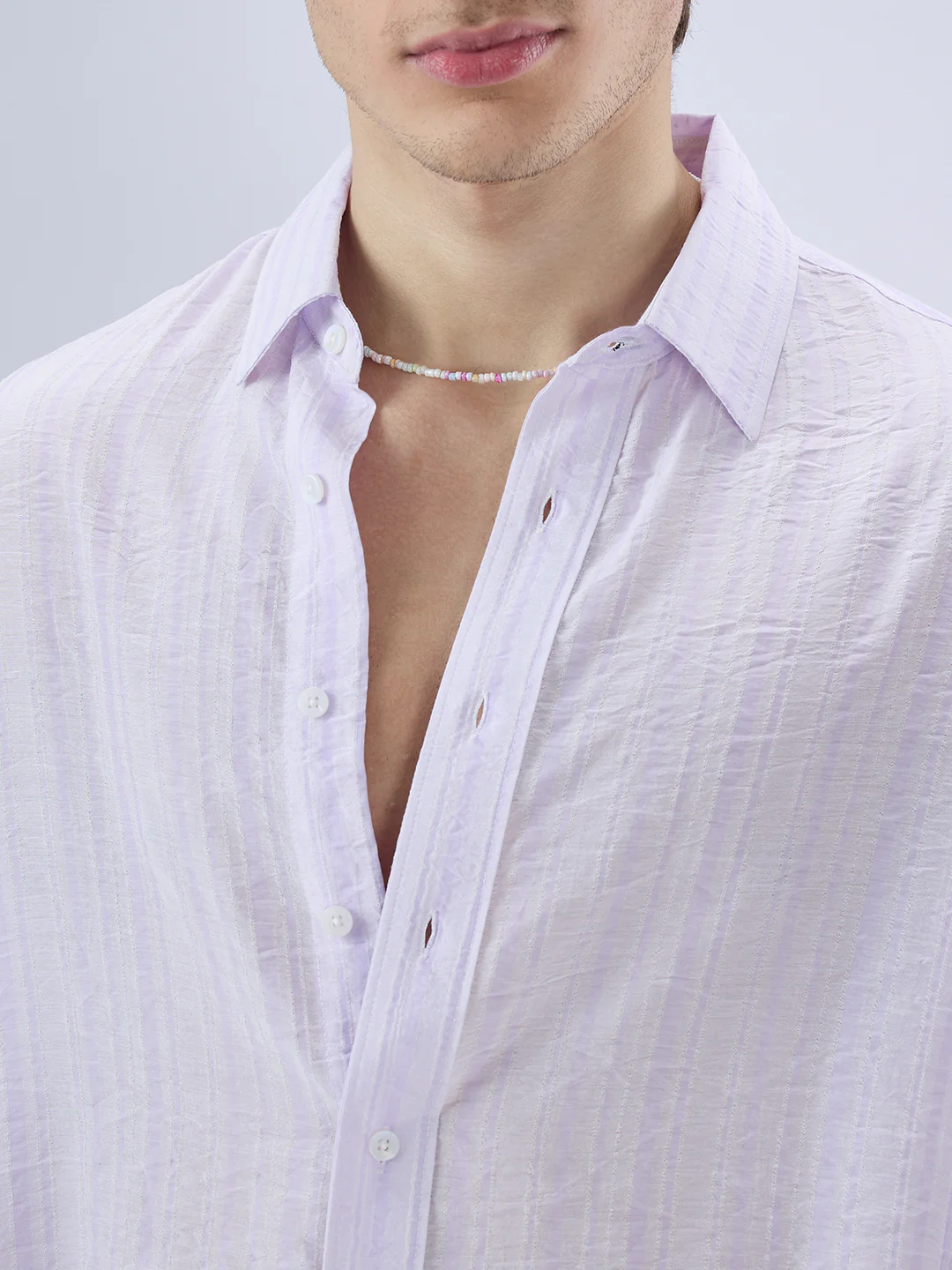 Elegant Lavender Airstripe Crinkled Boxy Fit Crop Shirt - Image 3