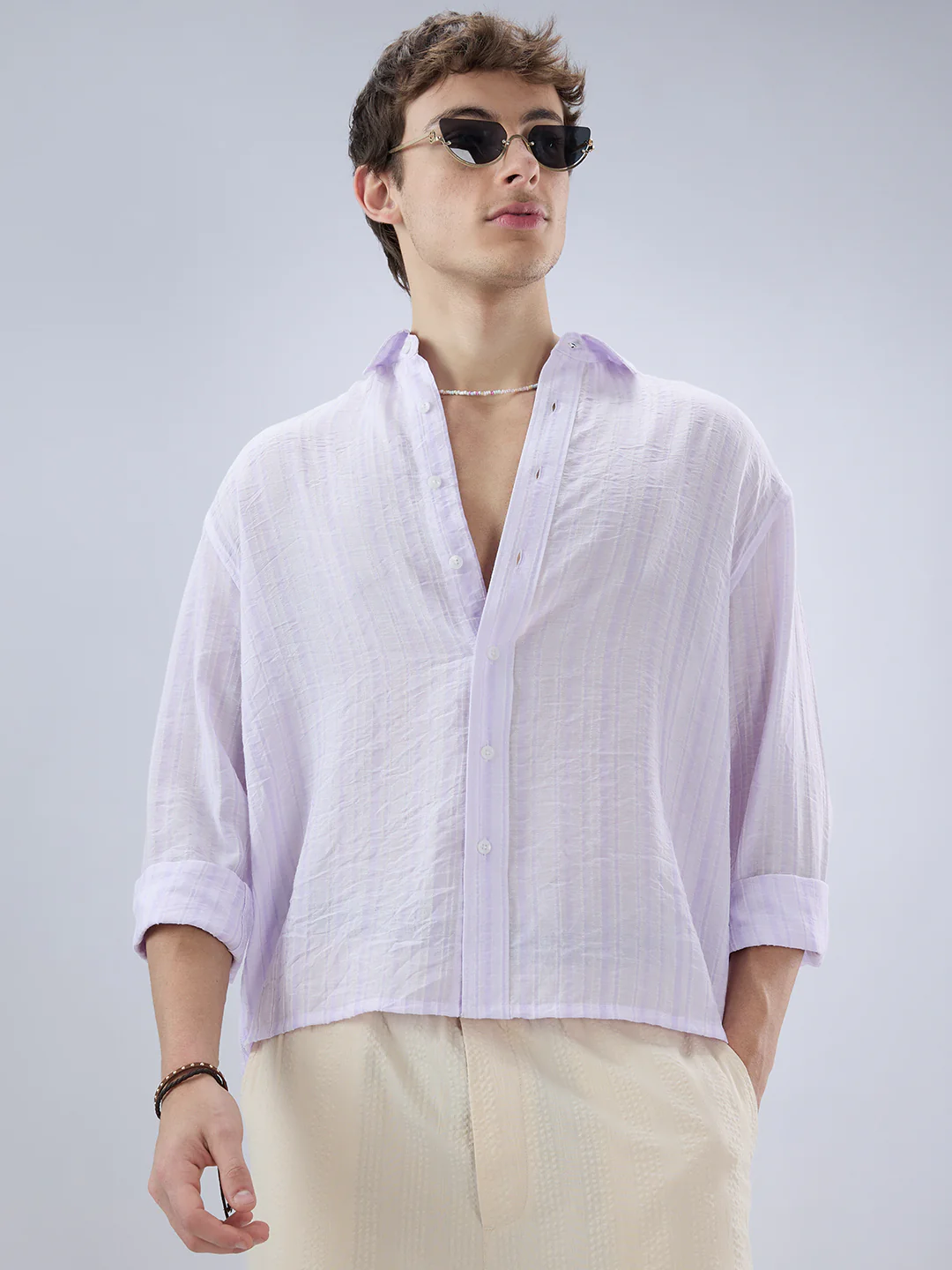 Elegant Lavender Airstripe Crinkled Boxy Fit Crop Shirt - Image 4