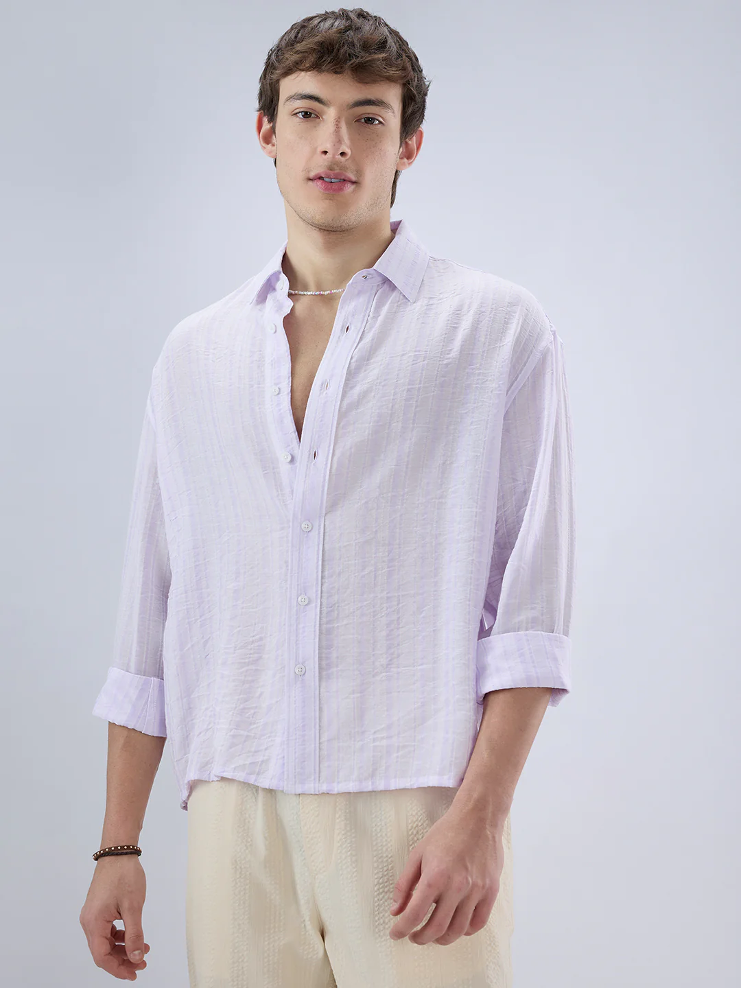Elegant Lavender Airstripe Crinkled Boxy Fit Crop Shirt - Image 5