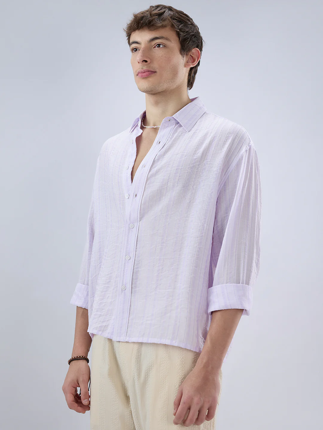 Elegant Lavender Airstripe Crinkled Boxy Fit Crop Shirt - Image 6