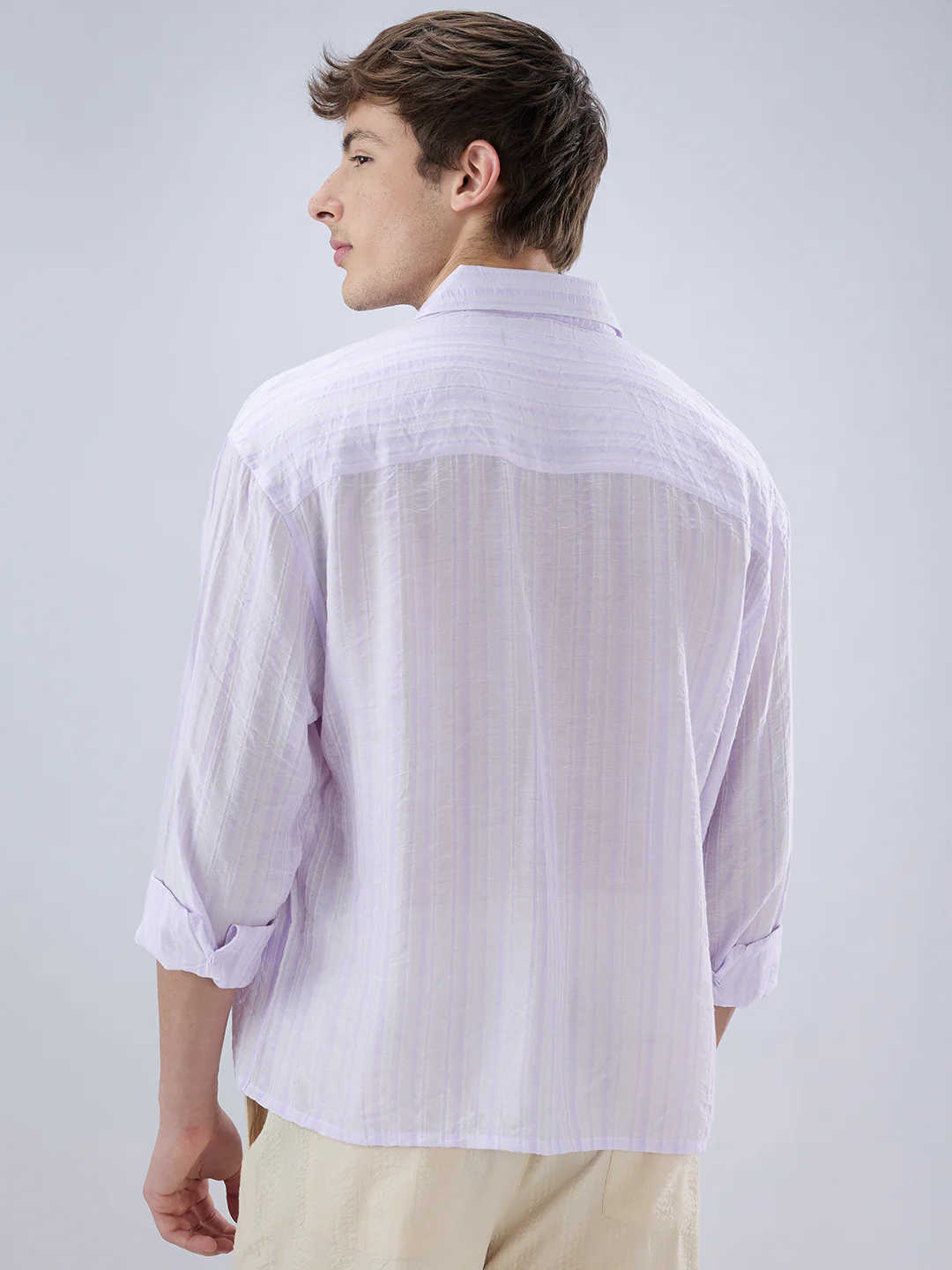 Elegant Lavender Airstripe Crinkled Boxy Fit Crop Shirt - Image 7