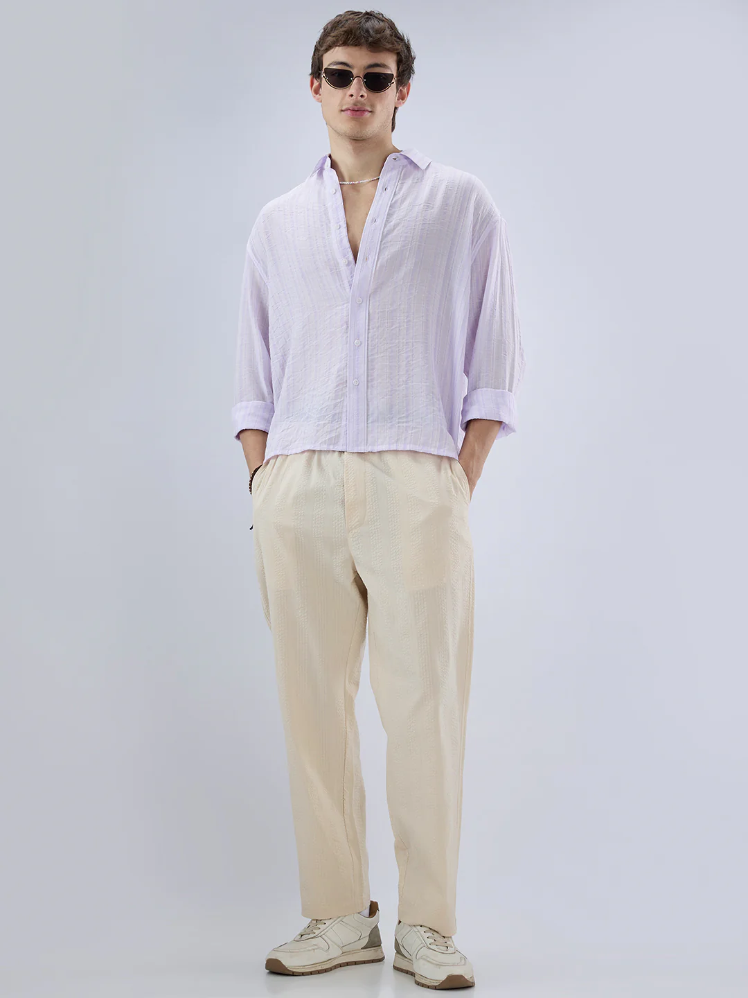 Elegant Lavender Airstripe Crinkled Boxy Fit Crop Shirt - Image 8