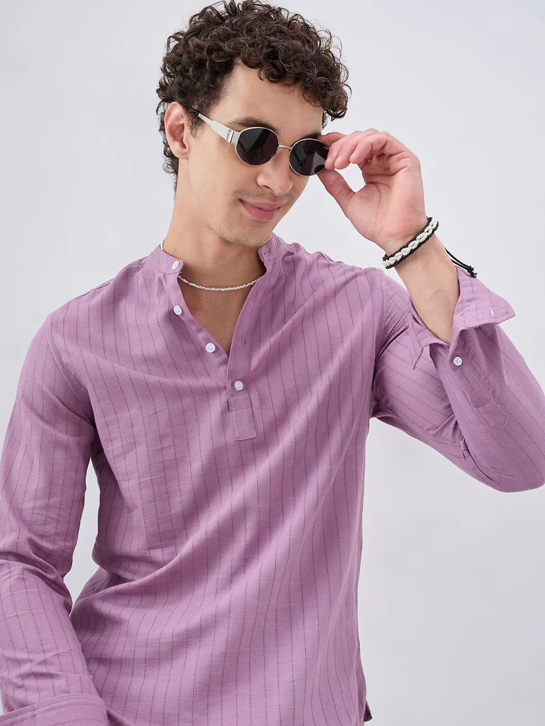 Elegant Lavender Textured Striped Kurta - Image 2