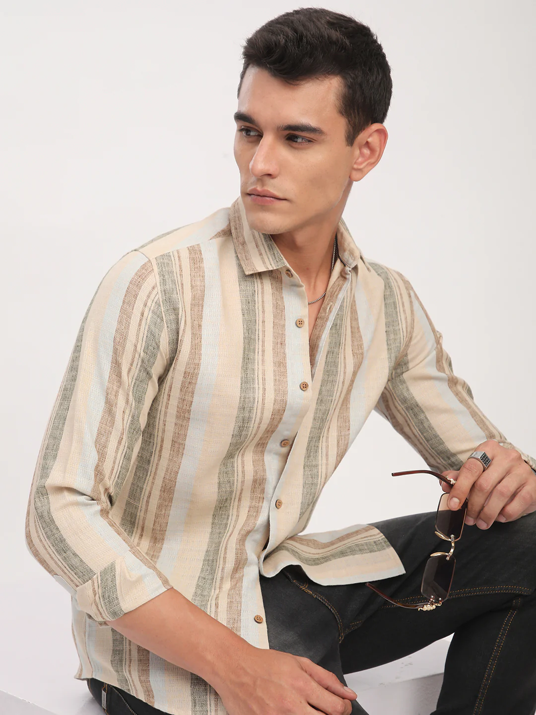Elegant Multicolor Striped Linen Blend Shirt - Image 2