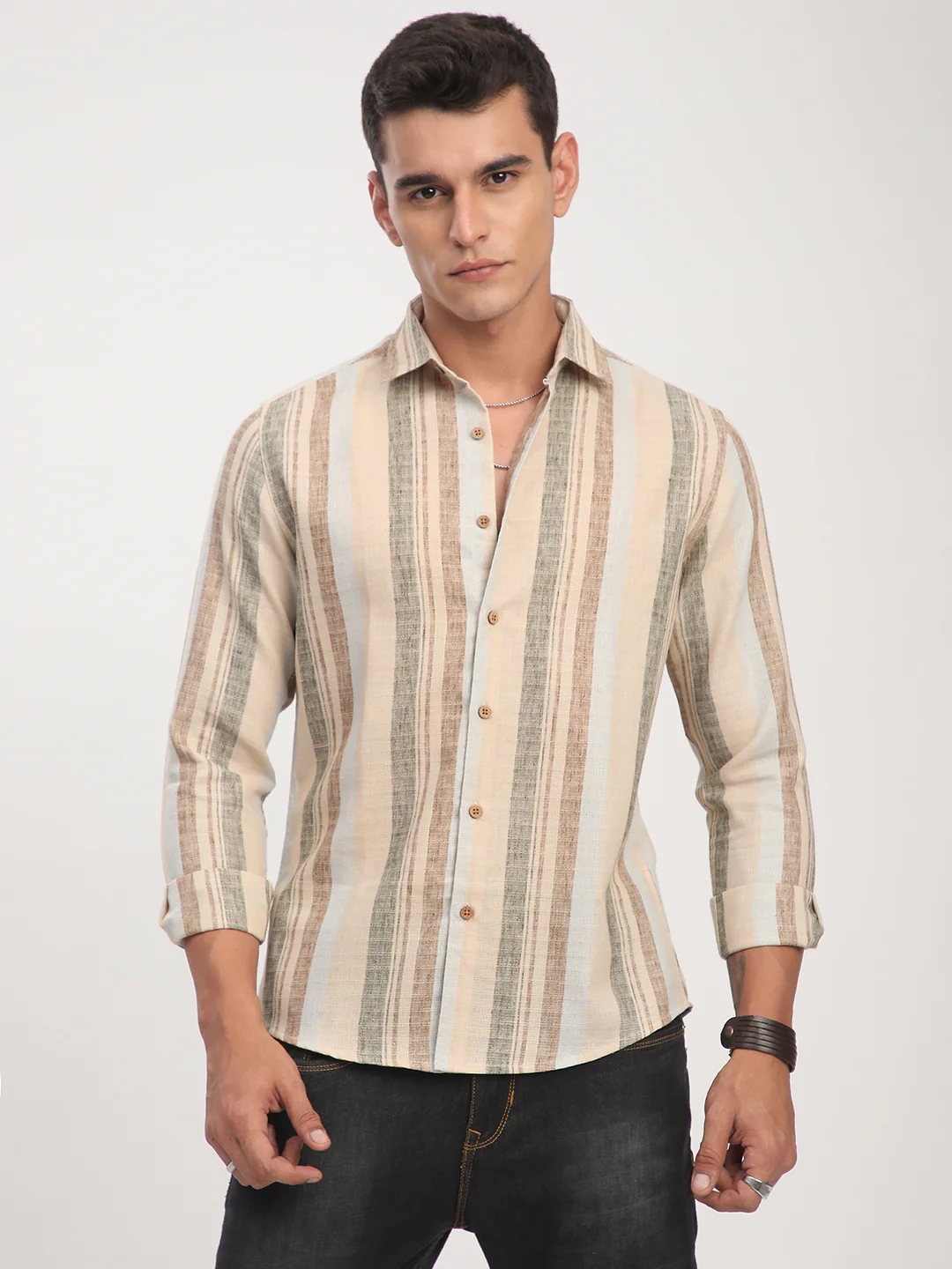 Elegant Multicolor Striped Linen Blend Shirt - Image 4