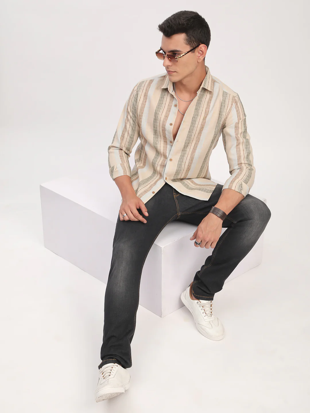Elegant Multicolor Striped Linen Blend Shirt - Image 7