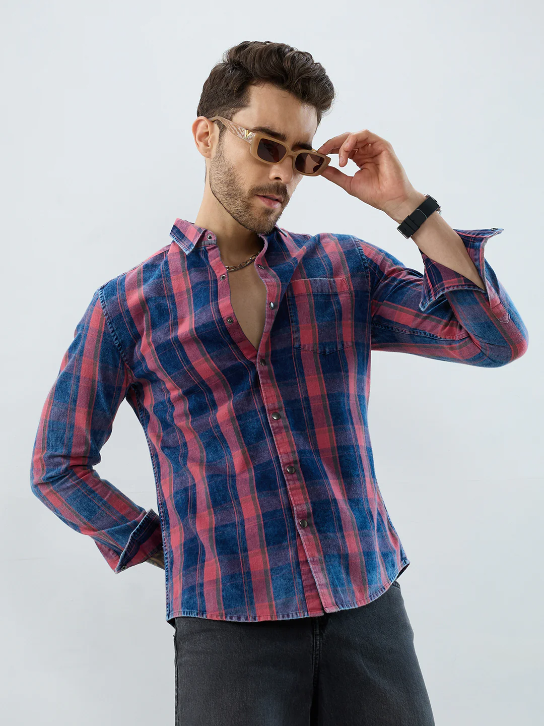 Elegant Navy & Desire Red Denim Plaid Checks Shirt