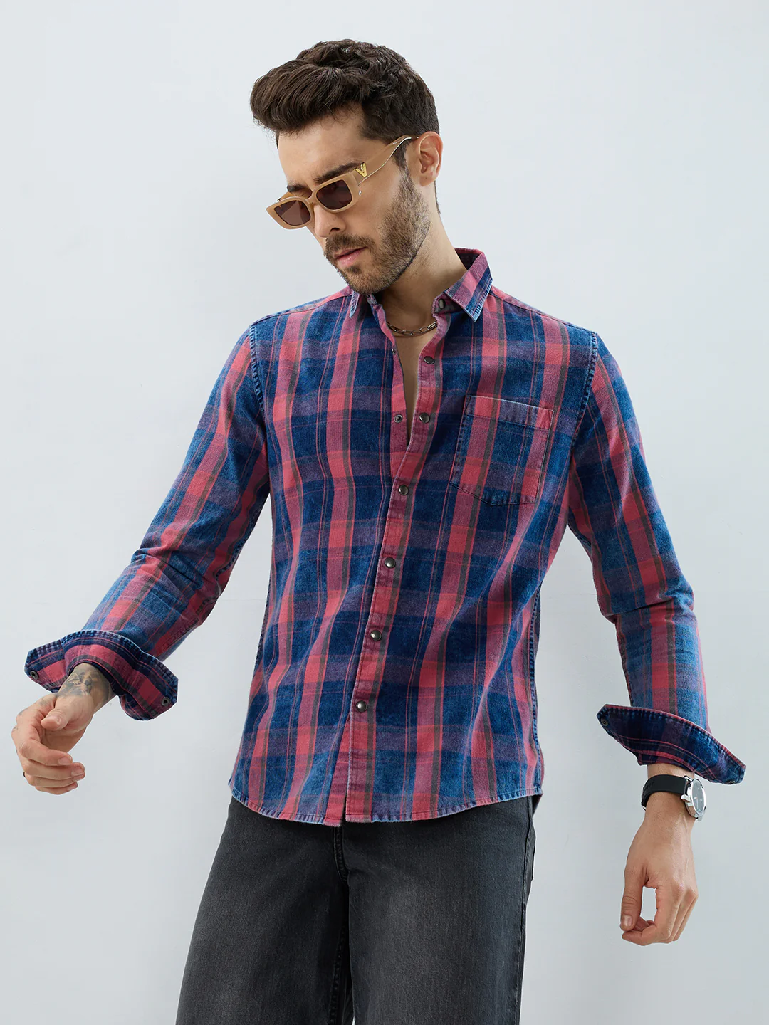Elegant Navy & Desire Red Denim Plaid Checks Shirt - Image 2