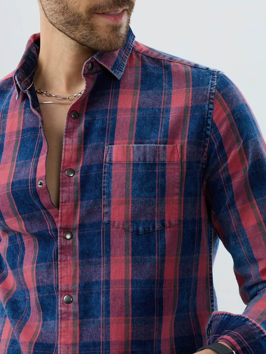 Elegant Navy & Desire Red Denim Plaid Checks Shirt - Image 3