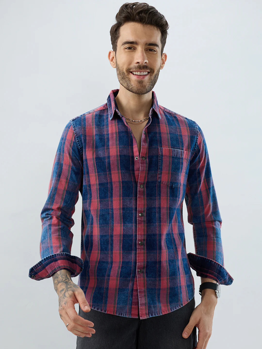 Elegant Navy & Desire Red Denim Plaid Checks Shirt - Image 4