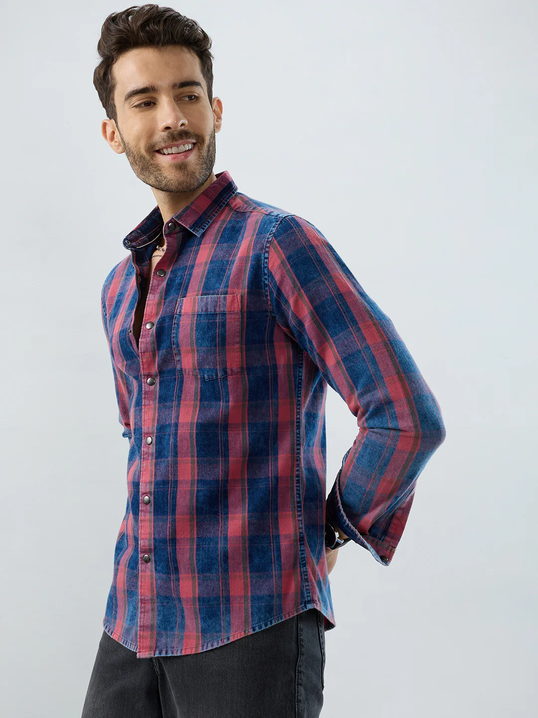 Elegant Navy & Desire Red Denim Plaid Checks Shirt - Image 5
