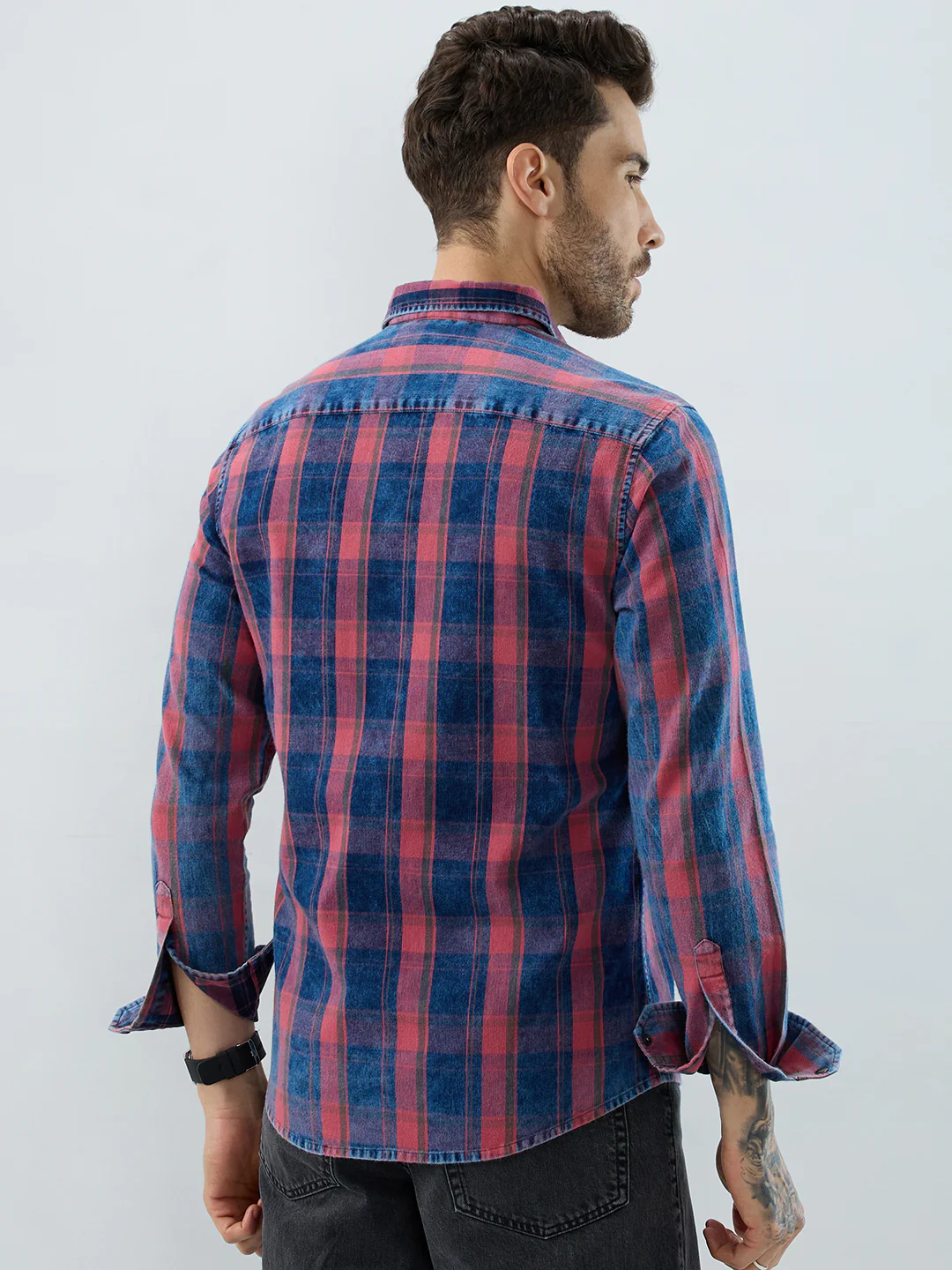 Elegant Navy & Desire Red Denim Plaid Checks Shirt - Image 6