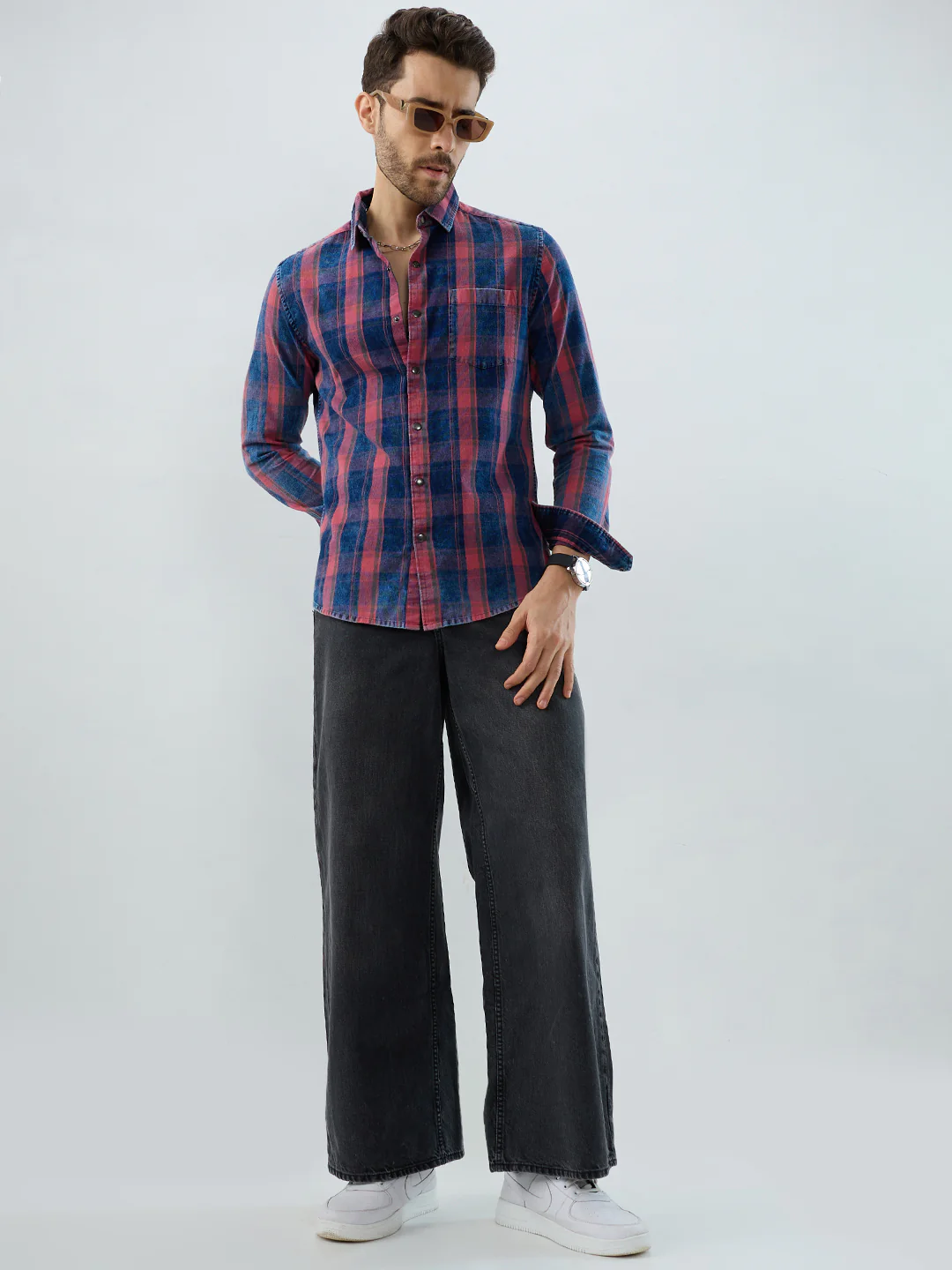 Elegant Navy & Desire Red Denim Plaid Checks Shirt - Image 7