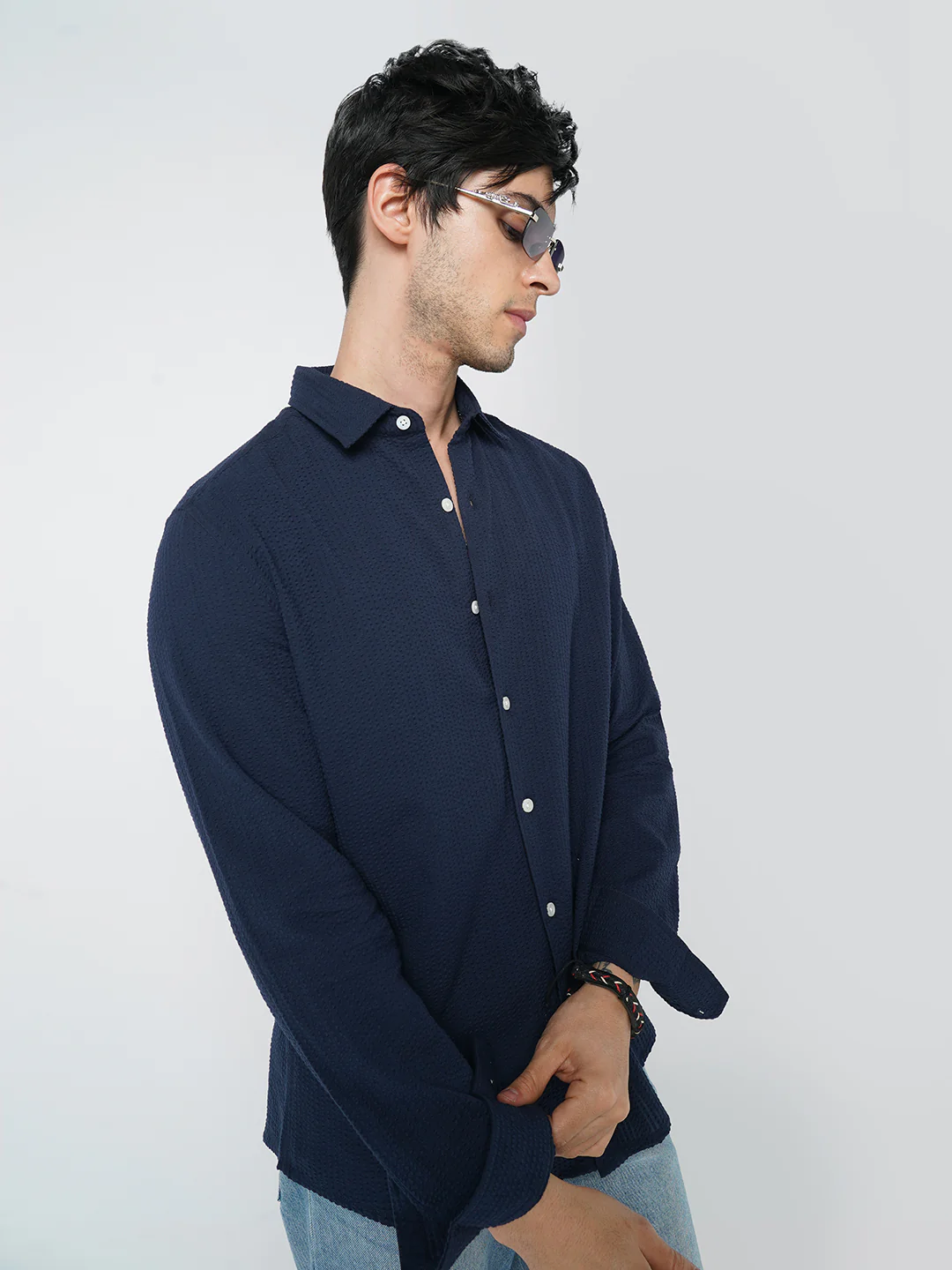 Elegant Navy Seersucker Shirt - Image 2