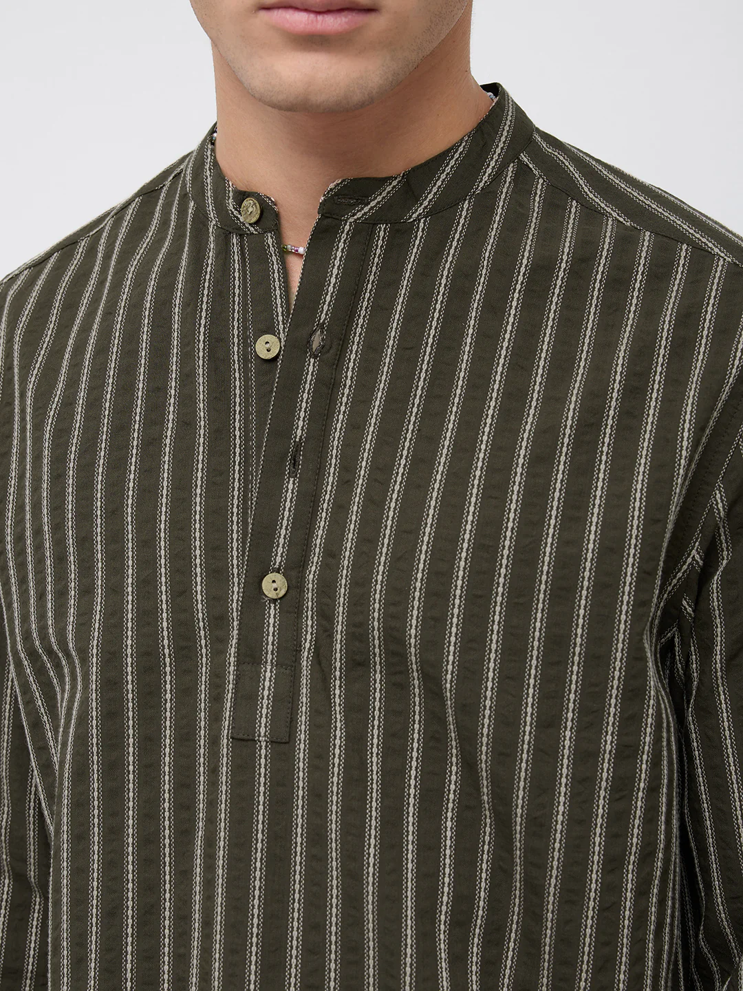 Elegant Olive Motif Seersucker Striped Embroidered Kurta - Image 4
