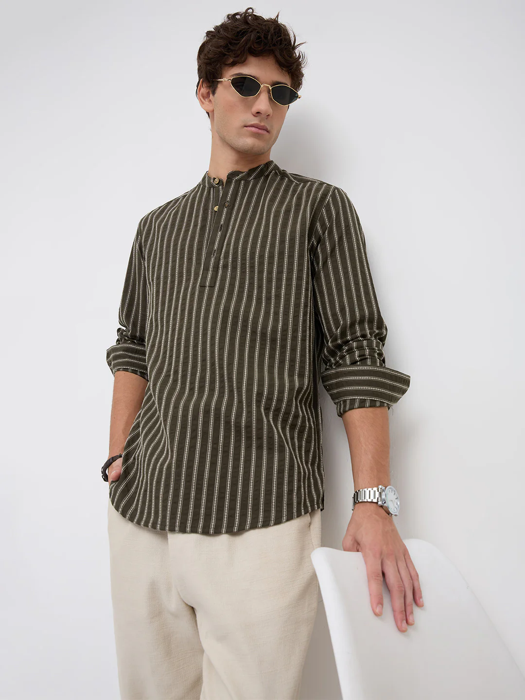 Elegant Olive Motif Seersucker Striped Embroidered Kurta - Image 5