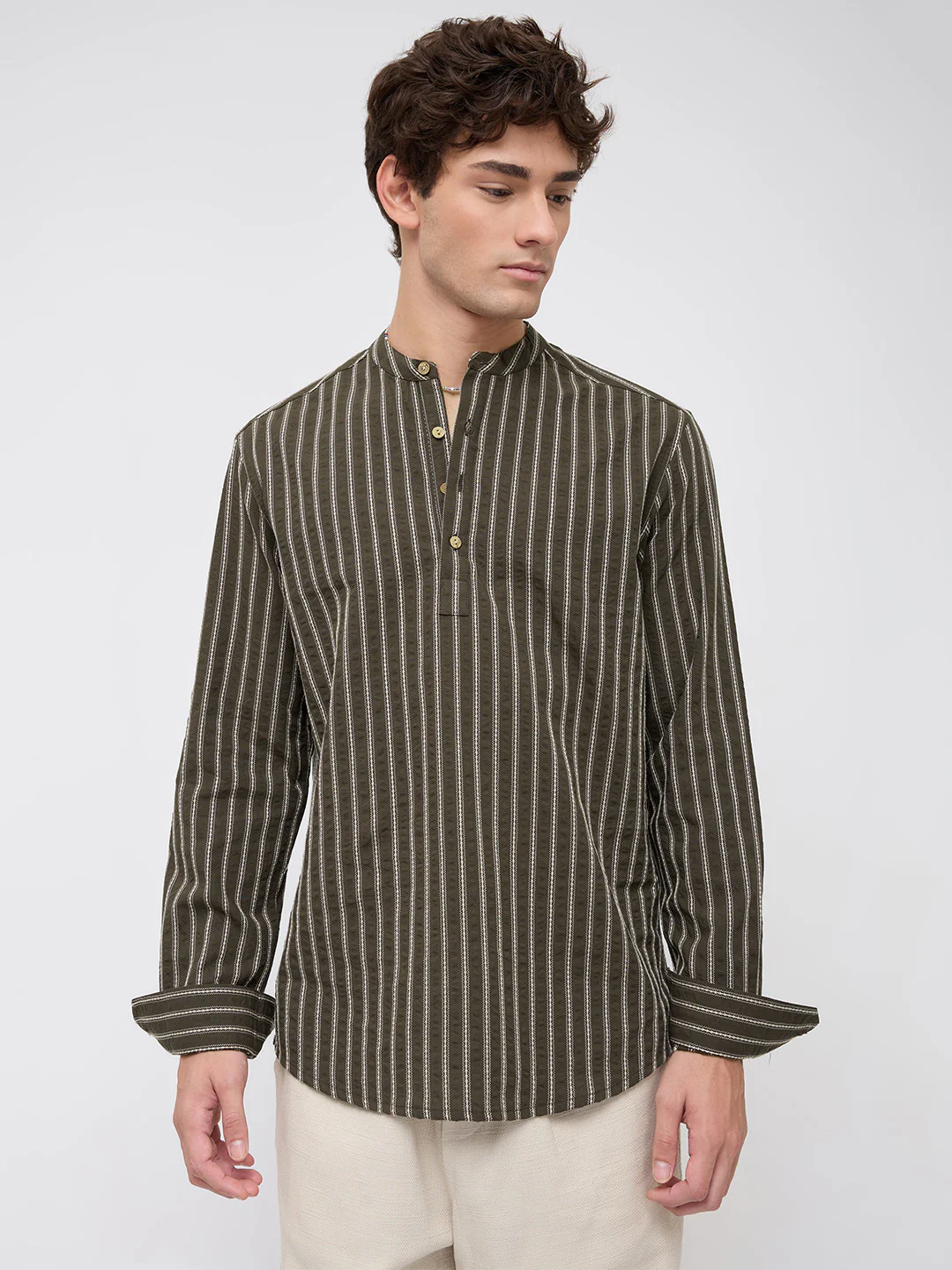 Elegant Olive Motif Seersucker Striped Embroidered Kurta - Image 6