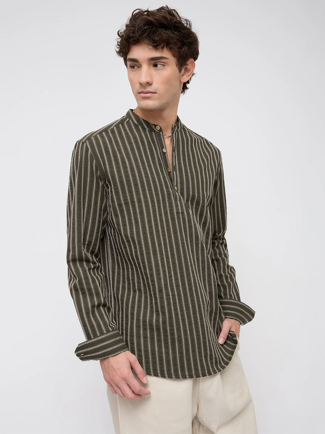 Elegant Olive Motif Seersucker Striped Embroidered Kurta - Image 7
