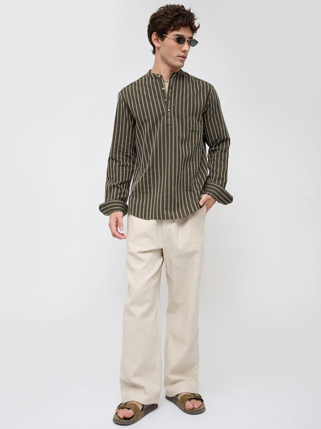 Elegant Olive Motif Seersucker Striped Embroidered Kurta - Image 9