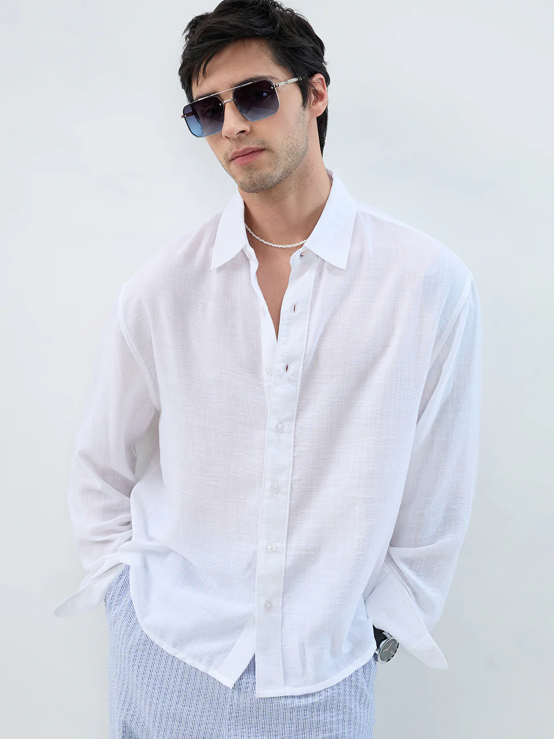 Elegant Pearl White Sheer-Weave Boxy Fit Crop Shirt