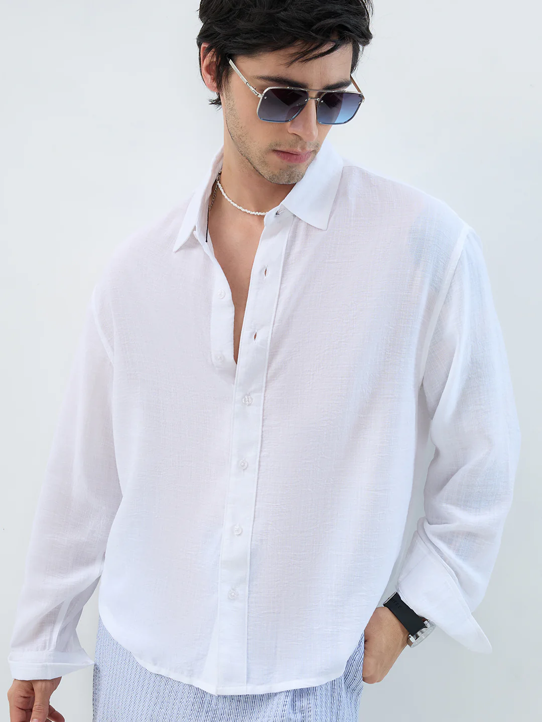 Elegant Pearl White Sheer-Weave Boxy Fit Crop Shirt - Image 2
