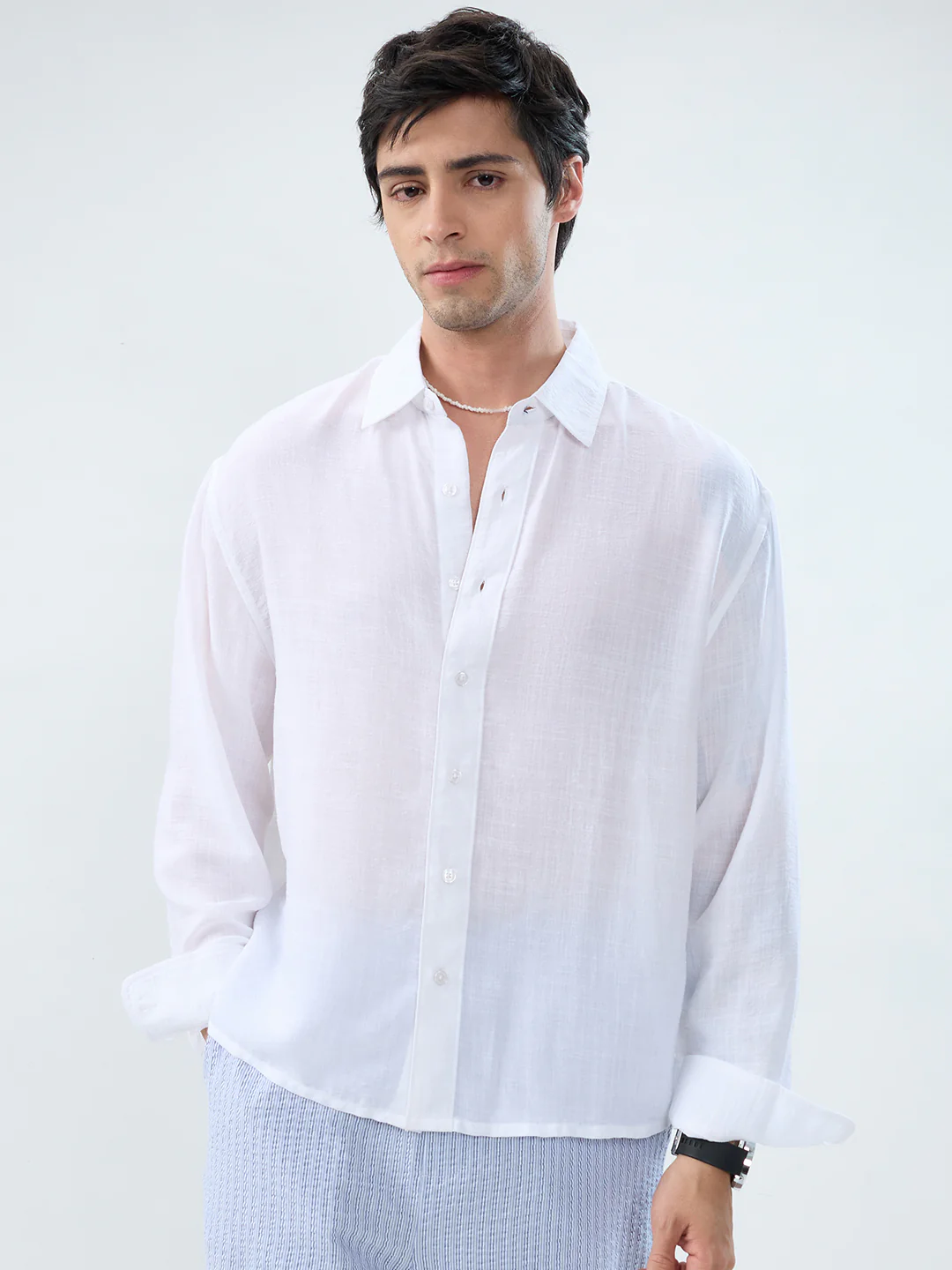 Elegant Pearl White Sheer-Weave Boxy Fit Crop Shirt - Image 4