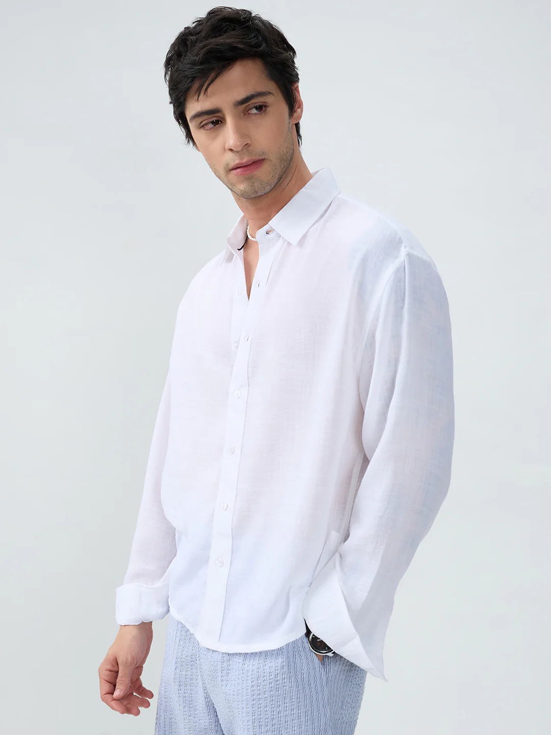 Elegant Pearl White Sheer-Weave Boxy Fit Crop Shirt - Image 5