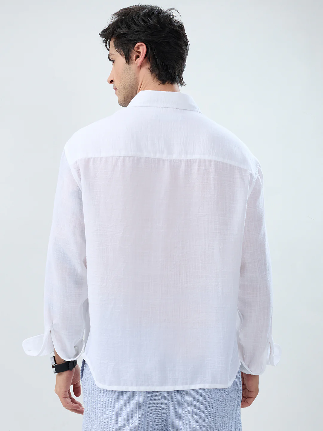 Elegant Pearl White Sheer-Weave Boxy Fit Crop Shirt - Image 6