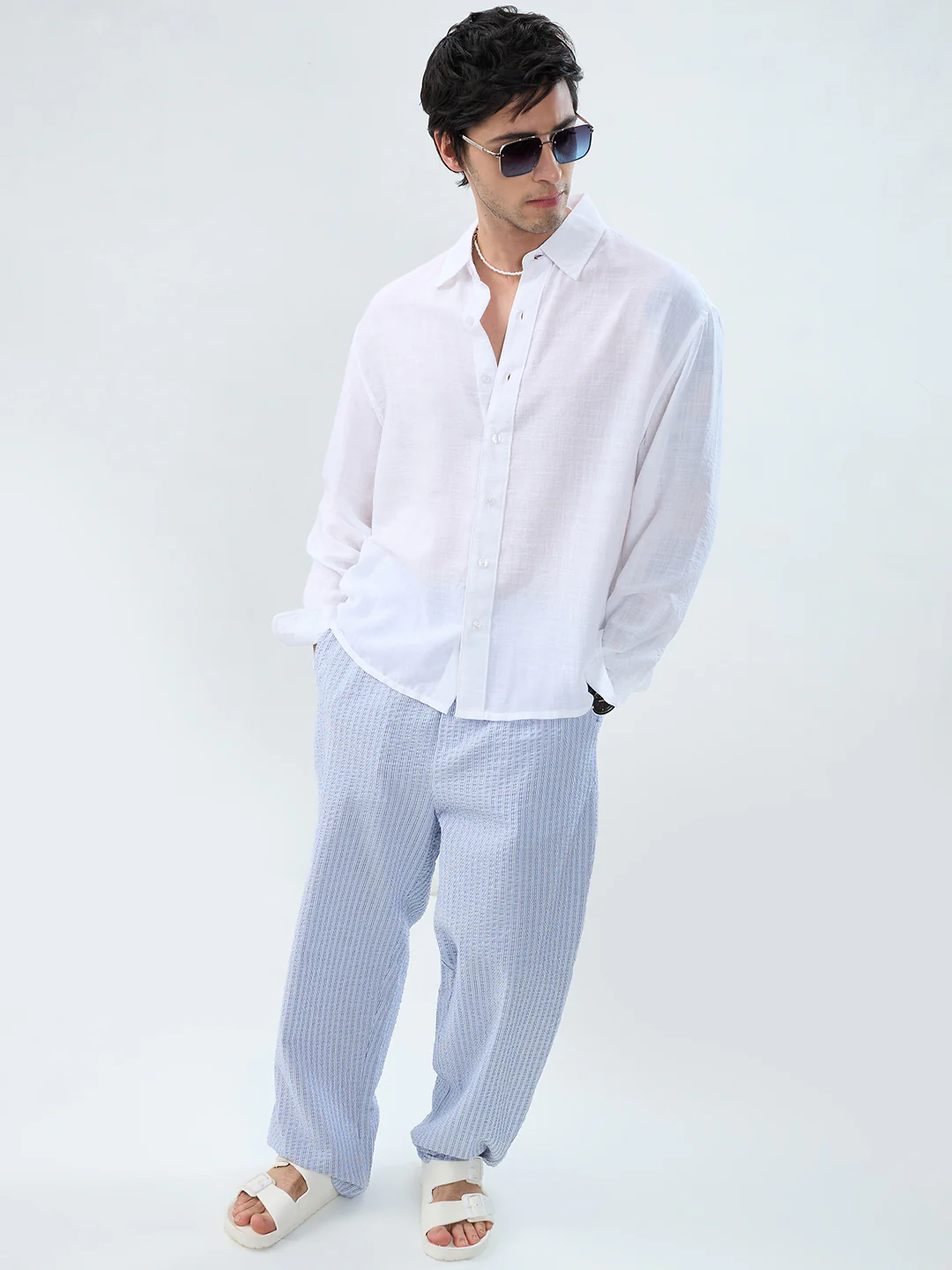 Elegant Pearl White Sheer-Weave Boxy Fit Crop Shirt - Image 7