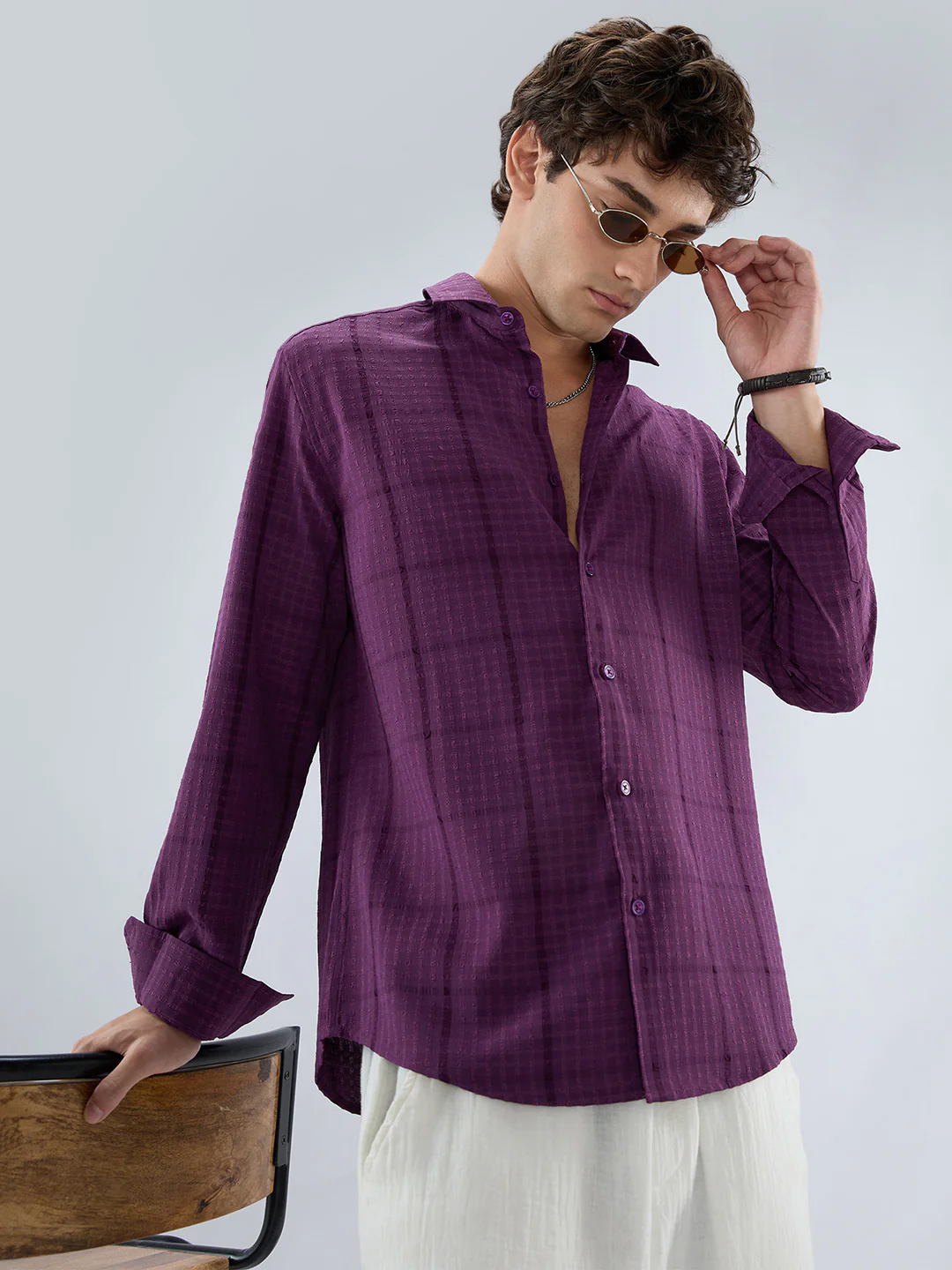 Elegant Plum Micro Checks Textured Shirt - Image 2