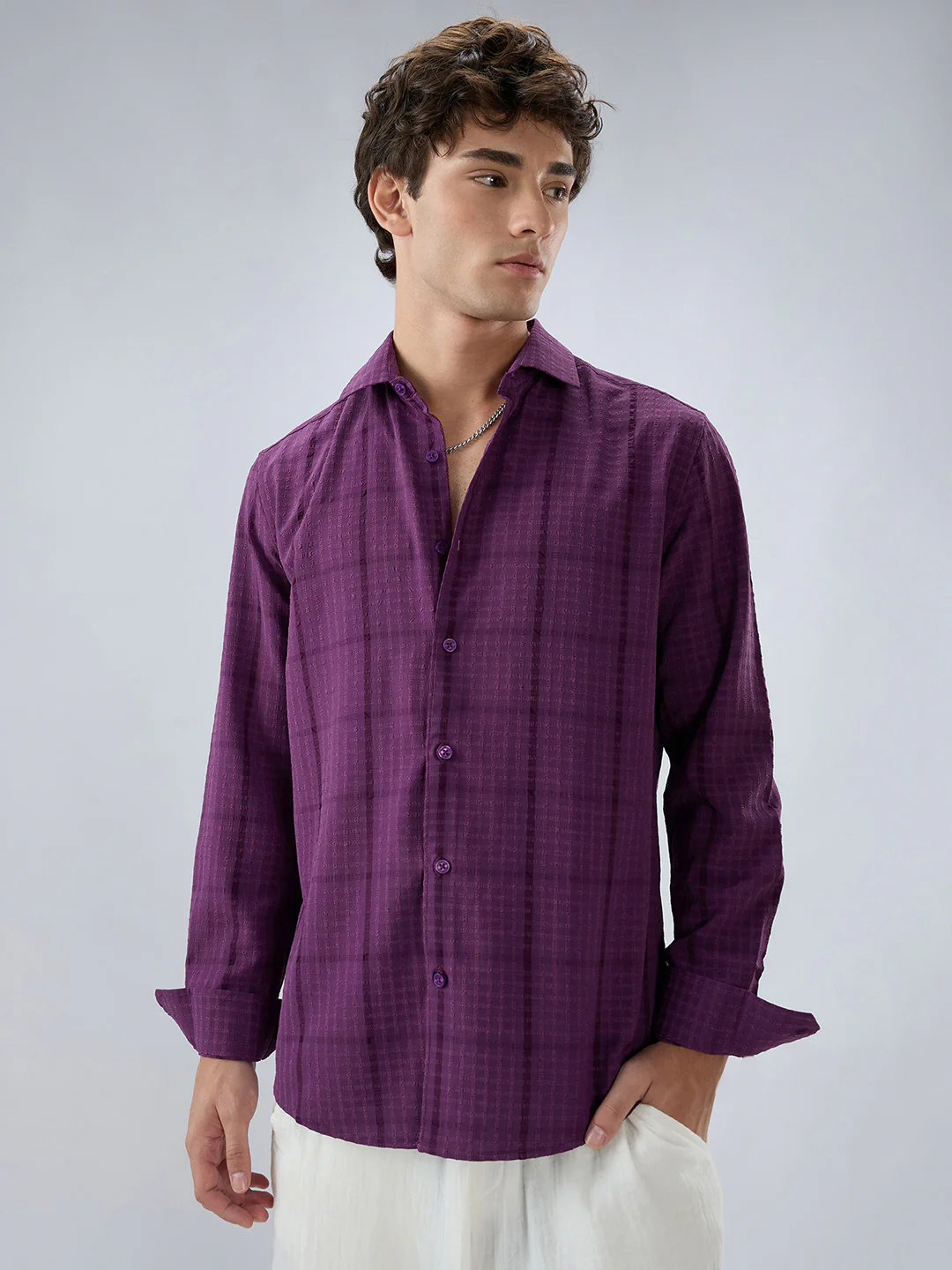 Elegant Plum Micro Checks Textured Shirt - Image 5