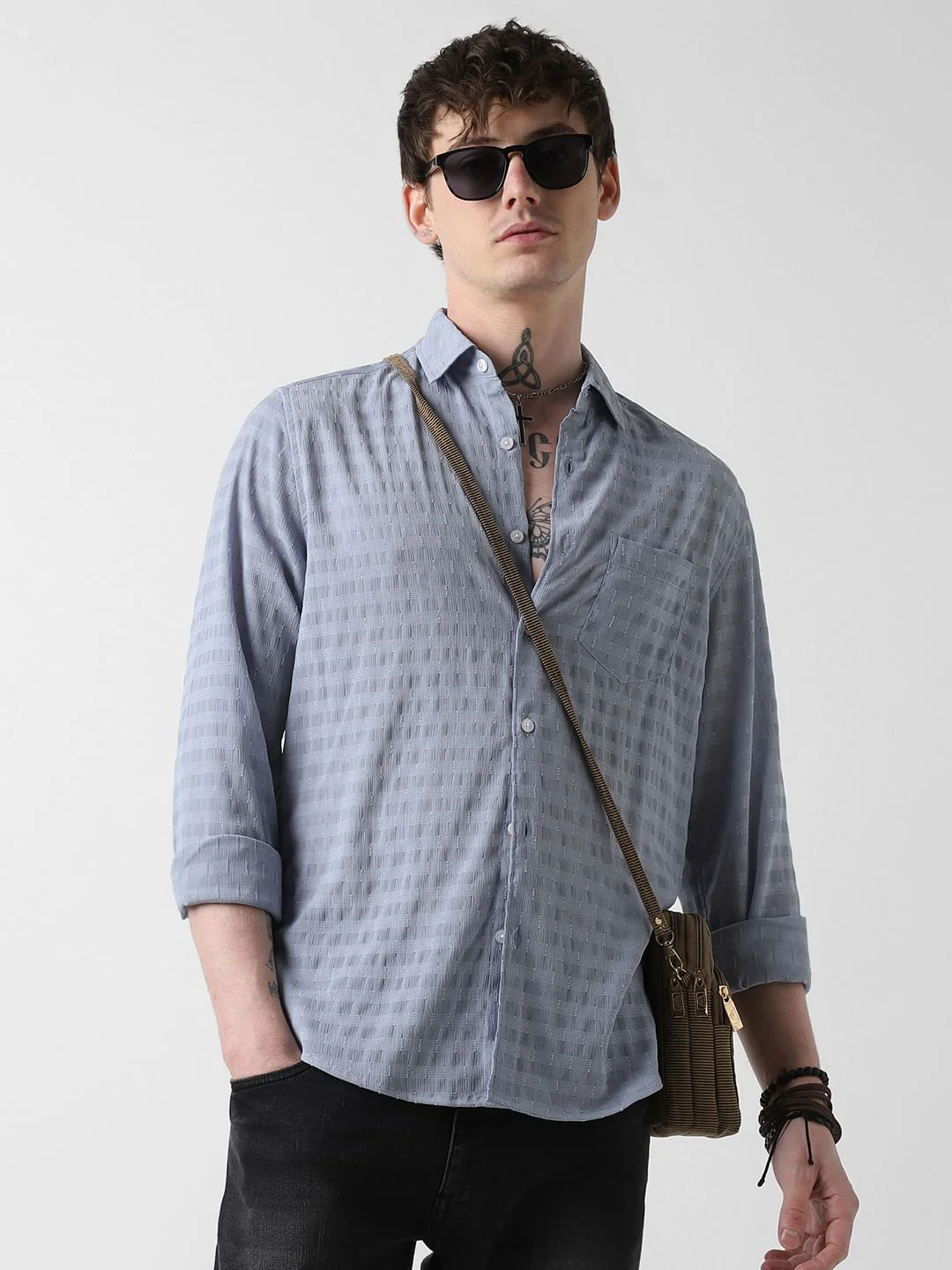 Elegant Powder Blue Dobby Striped Shirt - Image 4