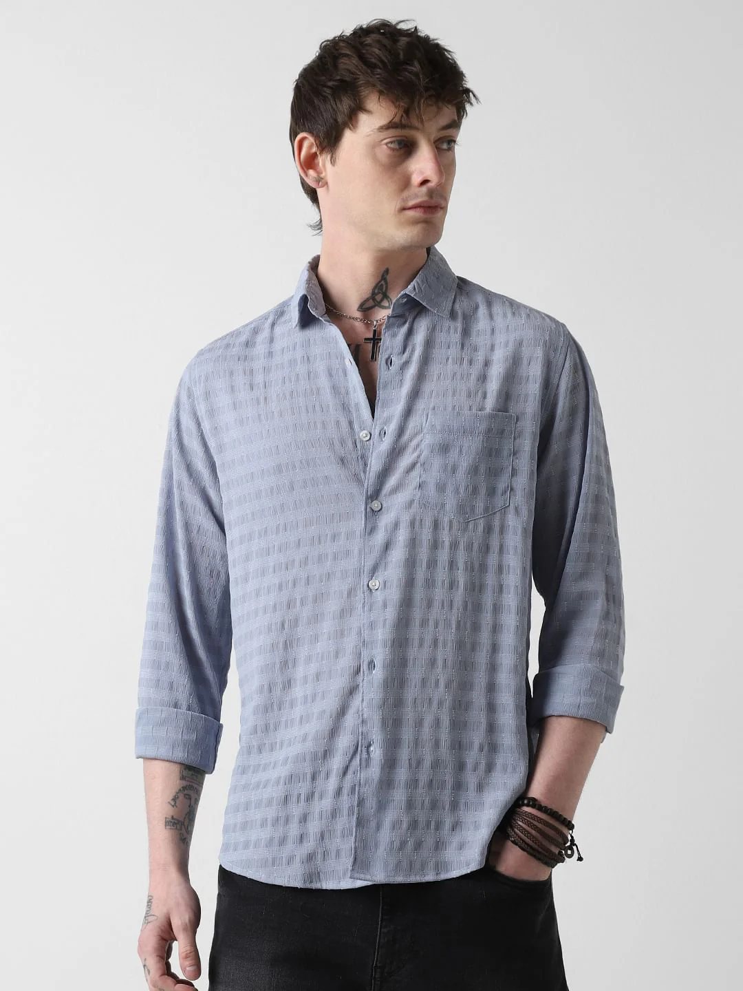 Elegant Powder Blue Dobby Striped Shirt - Image 5