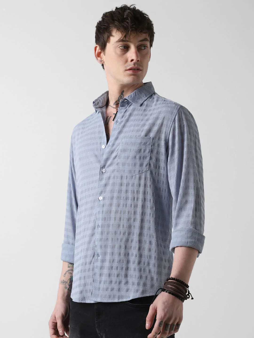 Elegant Powder Blue Dobby Striped Shirt - Image 6