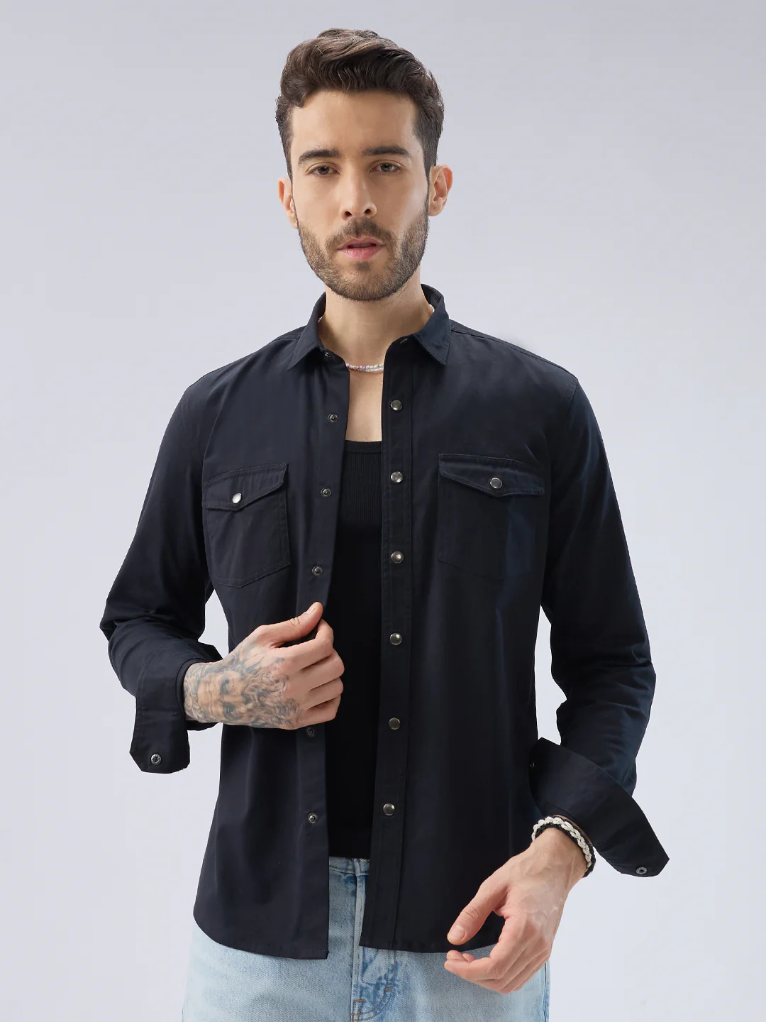 Elegant Solid Black Double Pocket Overshirt - Image 5