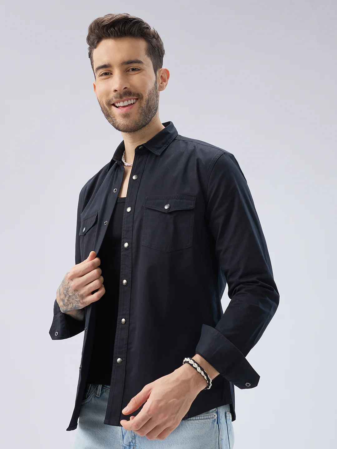 Elegant Solid Black Double Pocket Overshirt - Image 6
