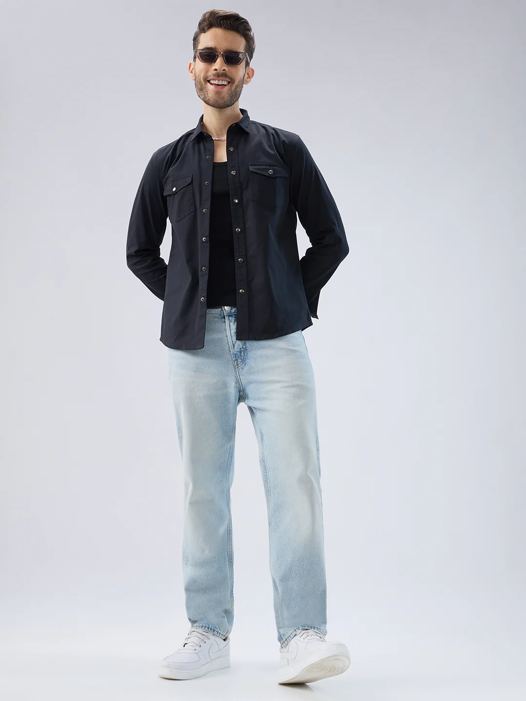 Elegant Solid Black Double Pocket Overshirt - Image 8