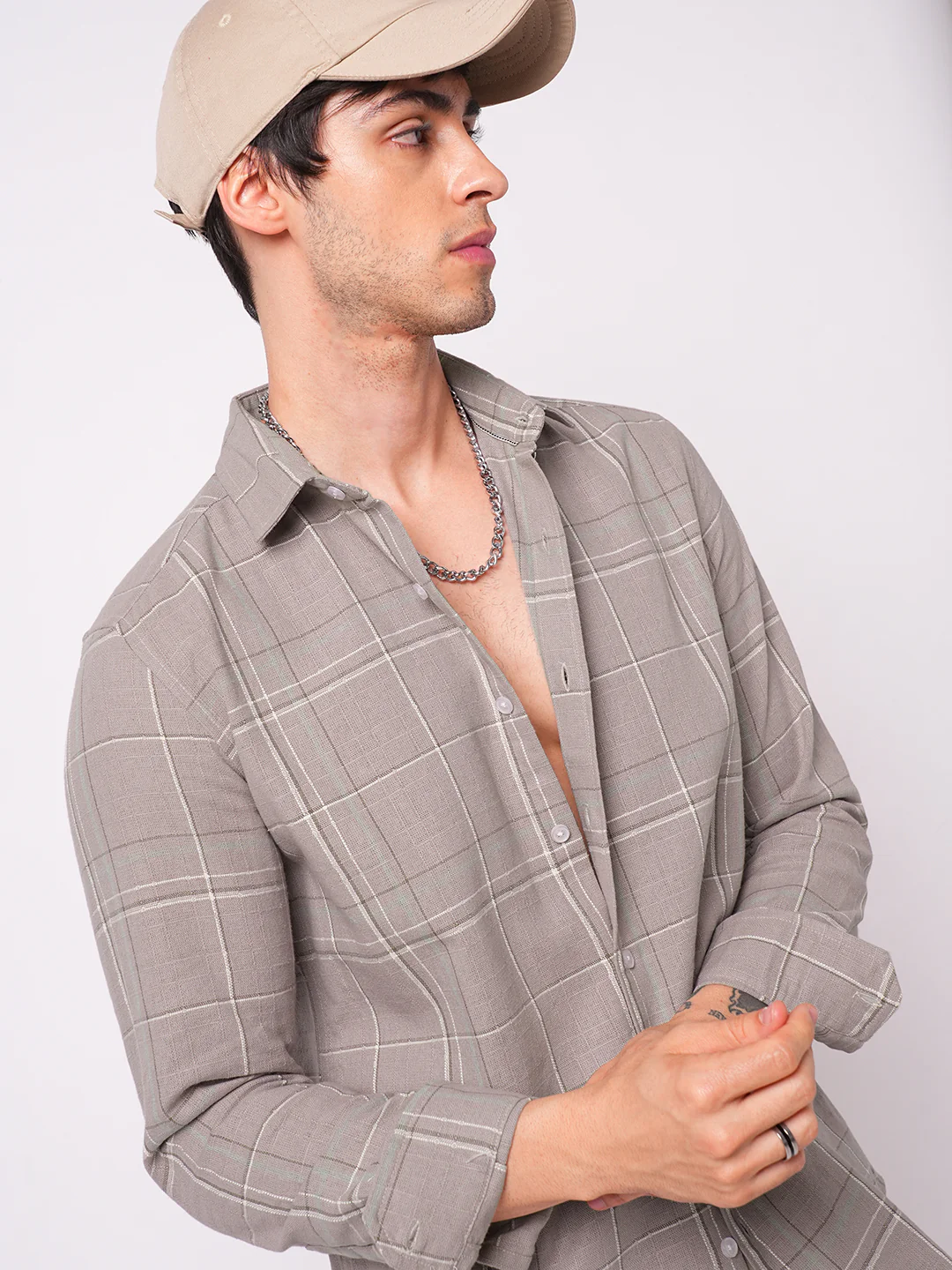 Elegant Taupe Brown Windowpane Checks Shirt - Image 2