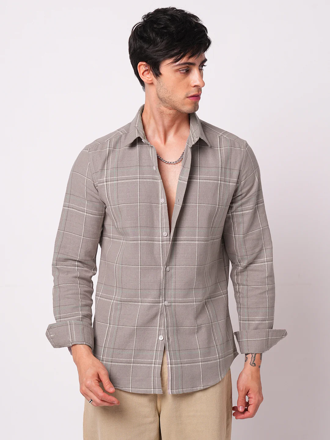Elegant Taupe Brown Windowpane Checks Shirt - Image 4