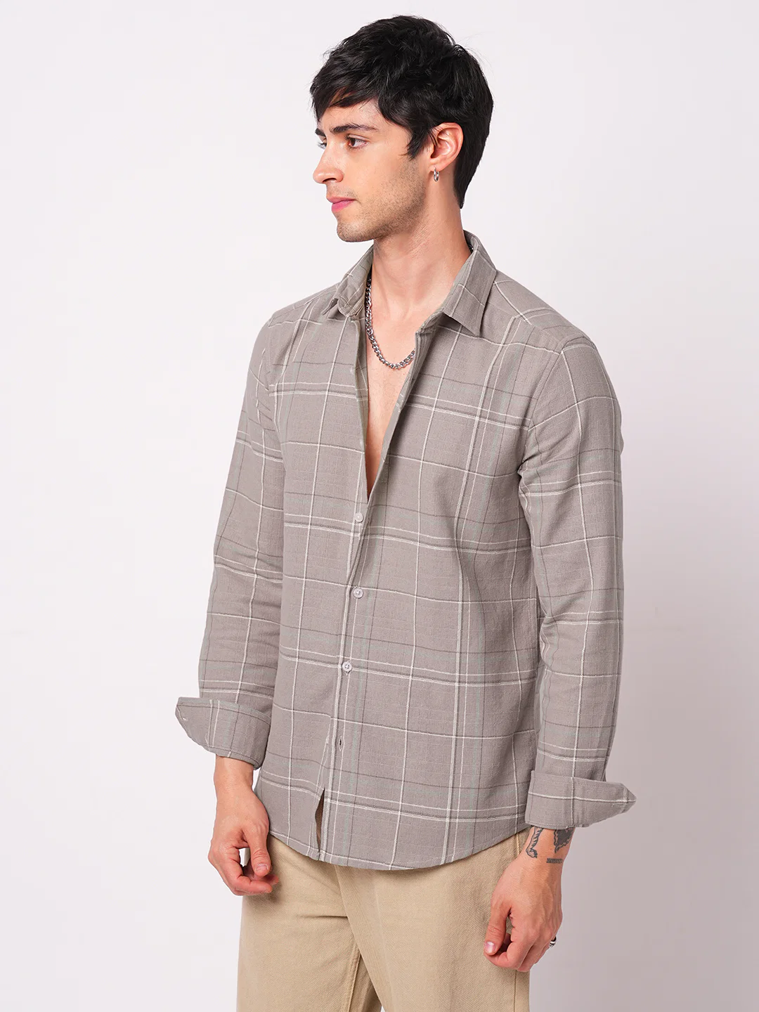 Elegant Taupe Brown Windowpane Checks Shirt - Image 5