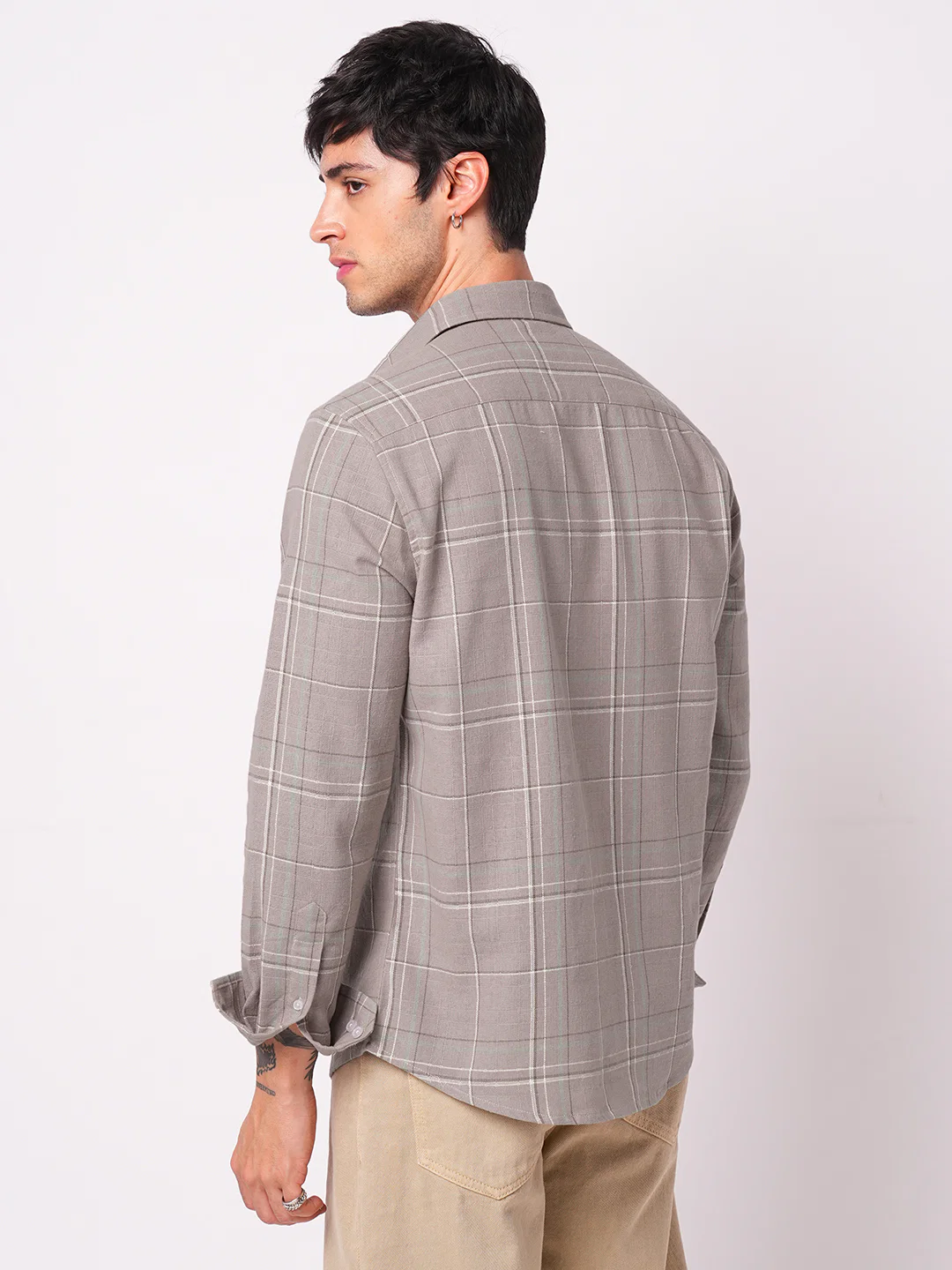Elegant Taupe Brown Windowpane Checks Shirt - Image 6